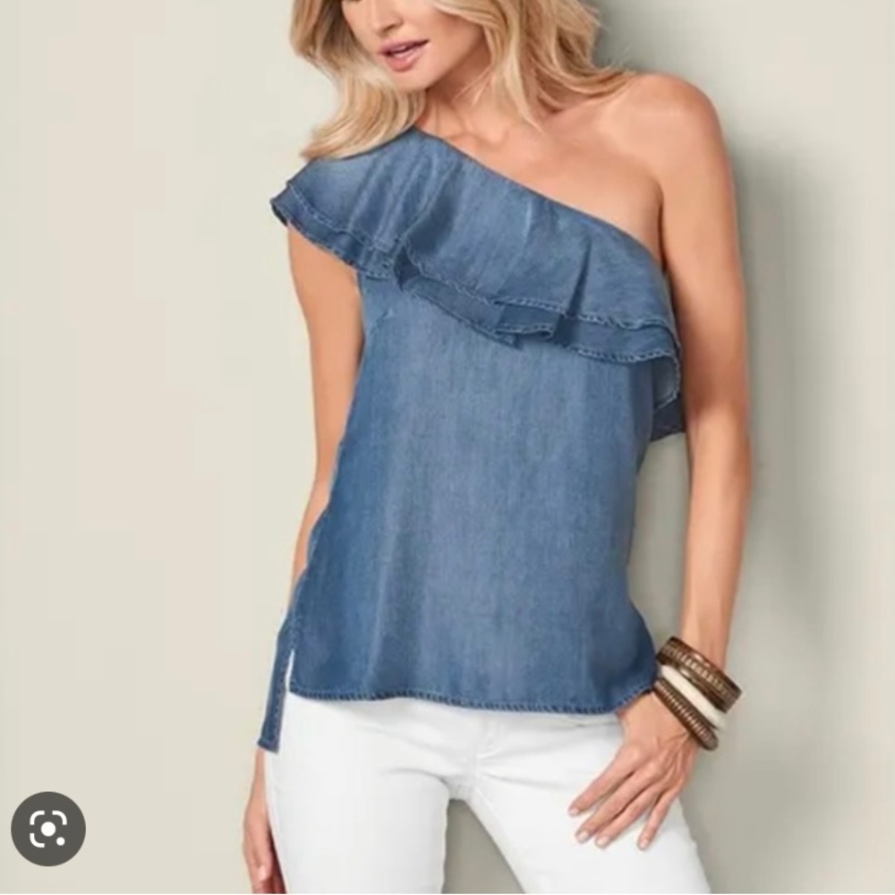 Venus Denim Chambray One Shoulder Ruffle Top